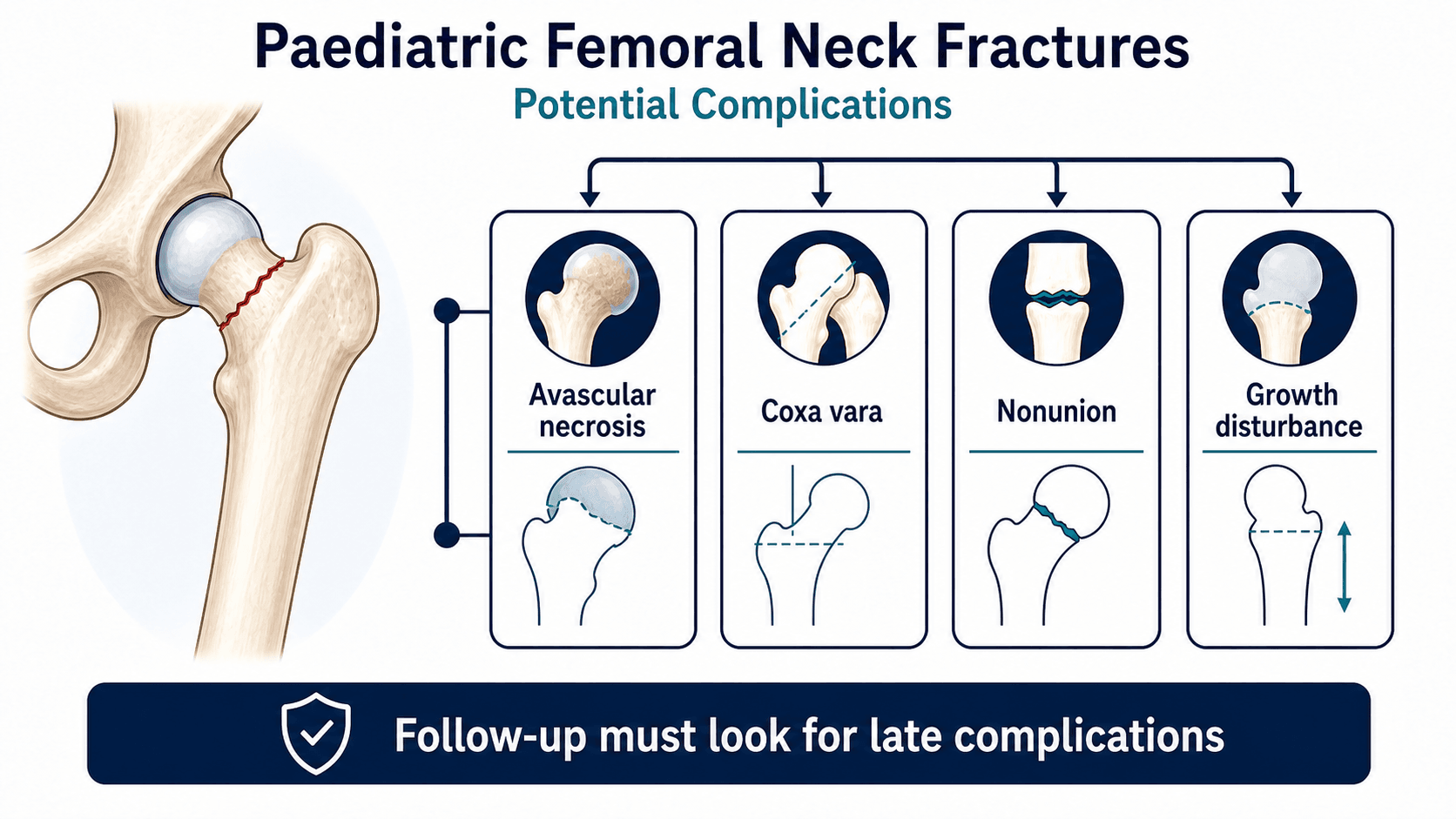 Paediatric femoral neck fracture complications diagram showing avascular necrosis, coxa vara, nonunion and growth disturbance