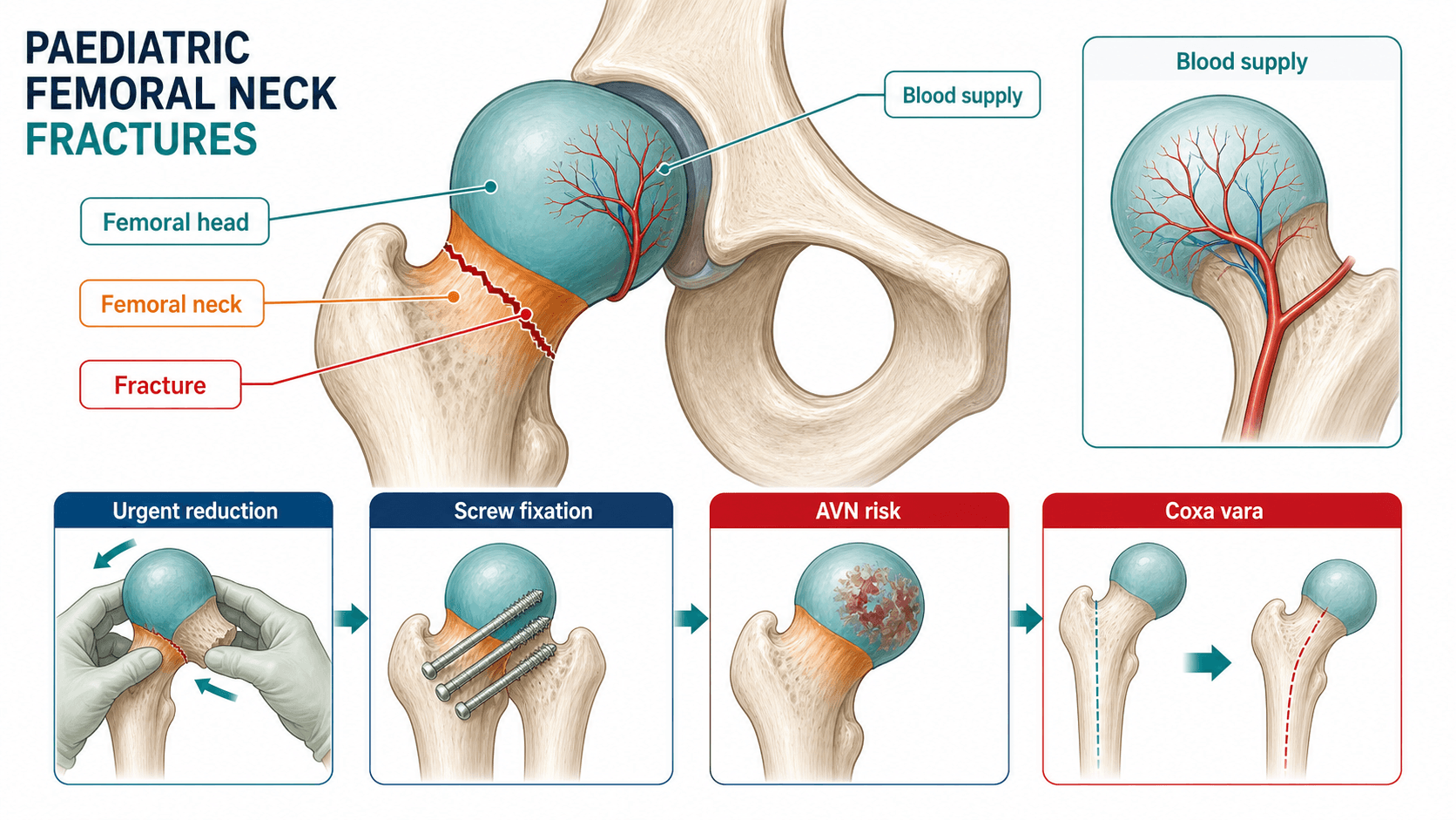 Paediatric femoral neck fracture overview diagram with femoral head, femoral neck, fracture line, perfusion risk and coxa vara labels