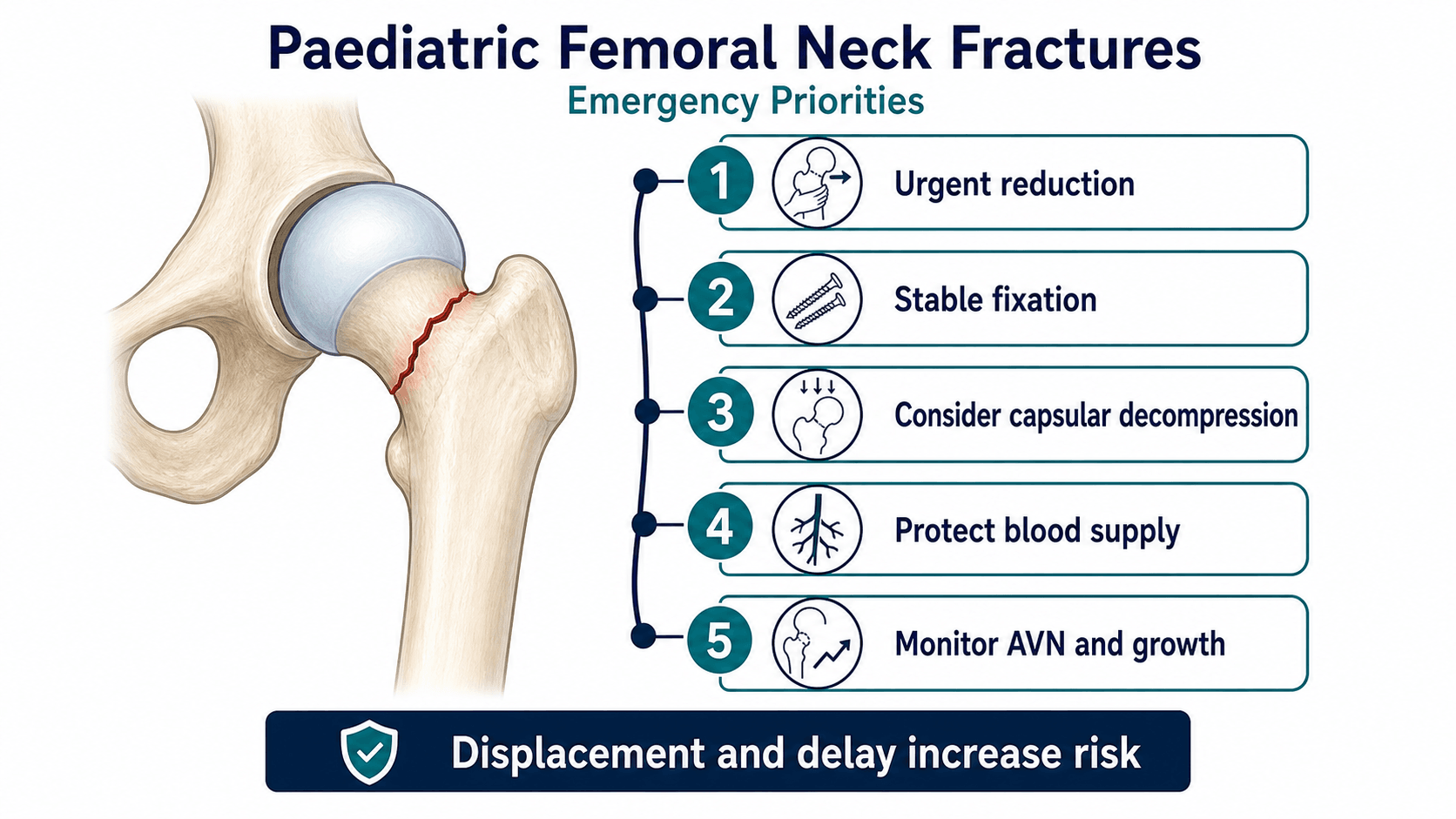 Paediatric femoral neck fracture priorities showing urgent reduction, stable fixation, capsular decompression, blood supply protection and monitoring for AVN and growth disturbance