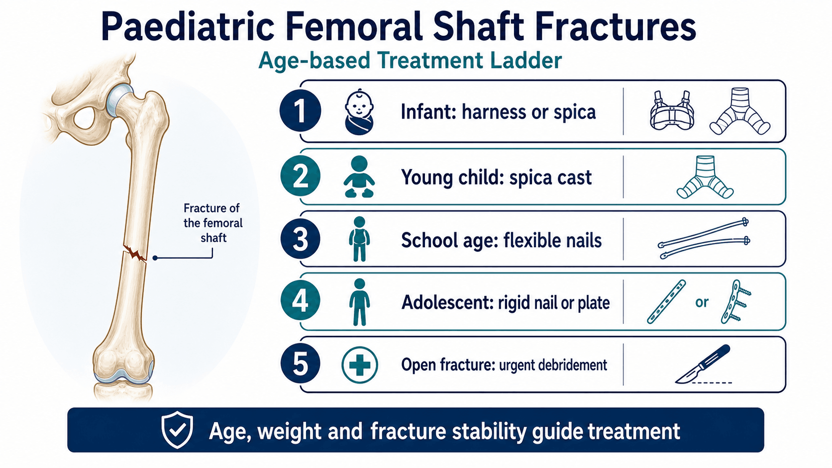 Paediatric femoral shaft fracture age-based treatment ladder showing harness or spica, spica cast, flexible nails, rigid nail or plate and open fracture debridement