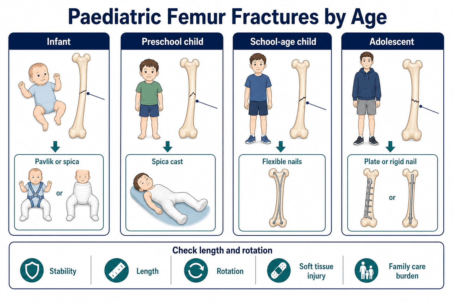 Paediatric femur fracture treatment by age diagram