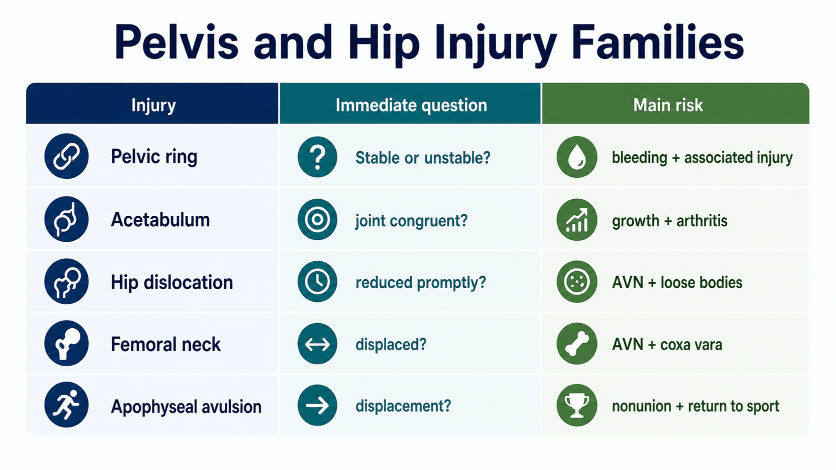 Paediatric pelvis and hip injury families matrix