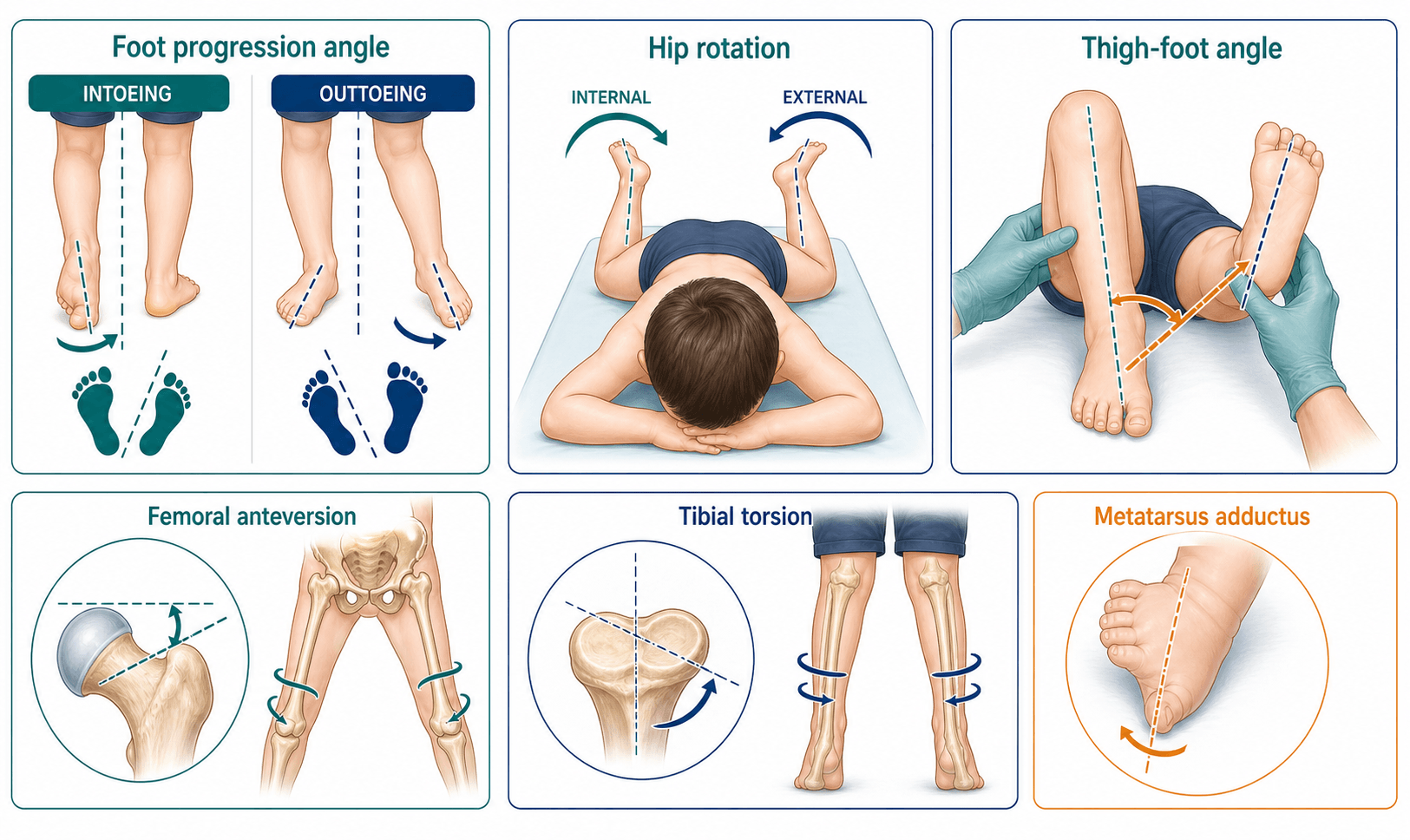 Paediatric rotational profile assessment overview showing foot progression angle, hip rotation, thigh-foot angle, femoral anteversion, tibial torsion and metatarsus adductus