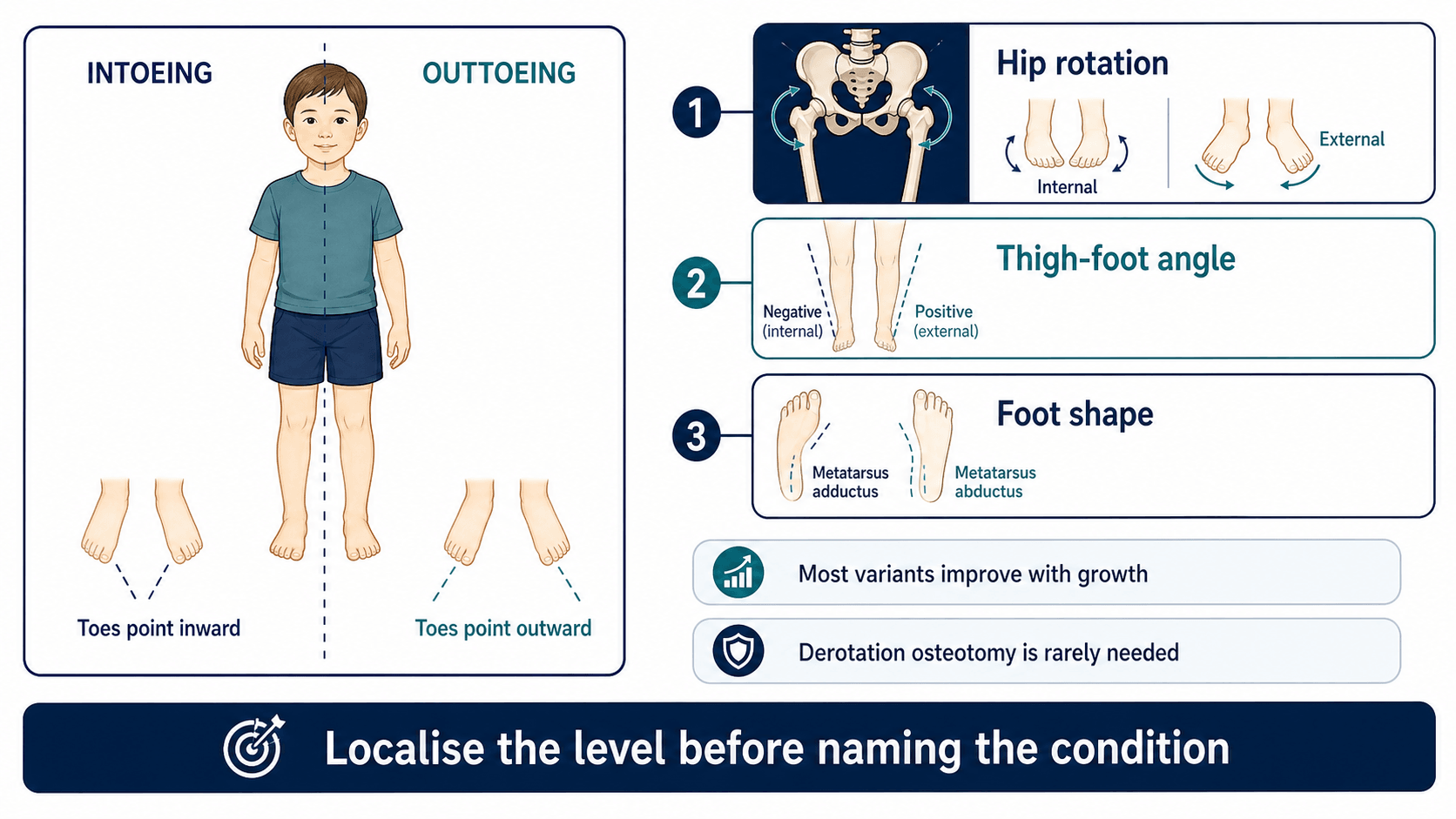 Paediatric rotational profile localisation framework showing hip rotation, thigh-foot angle, foot shape, growth improvement and rare derotation osteotomy