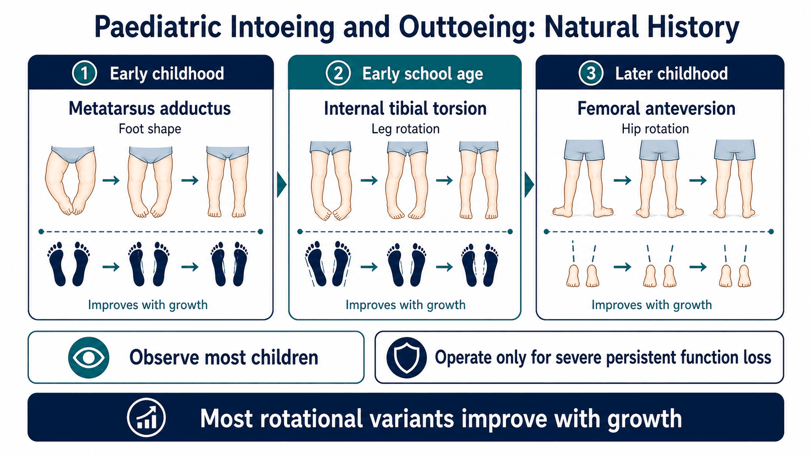Paediatric rotational profile natural history diagram showing metatarsus adductus, internal tibial torsion, femoral anteversion and observation