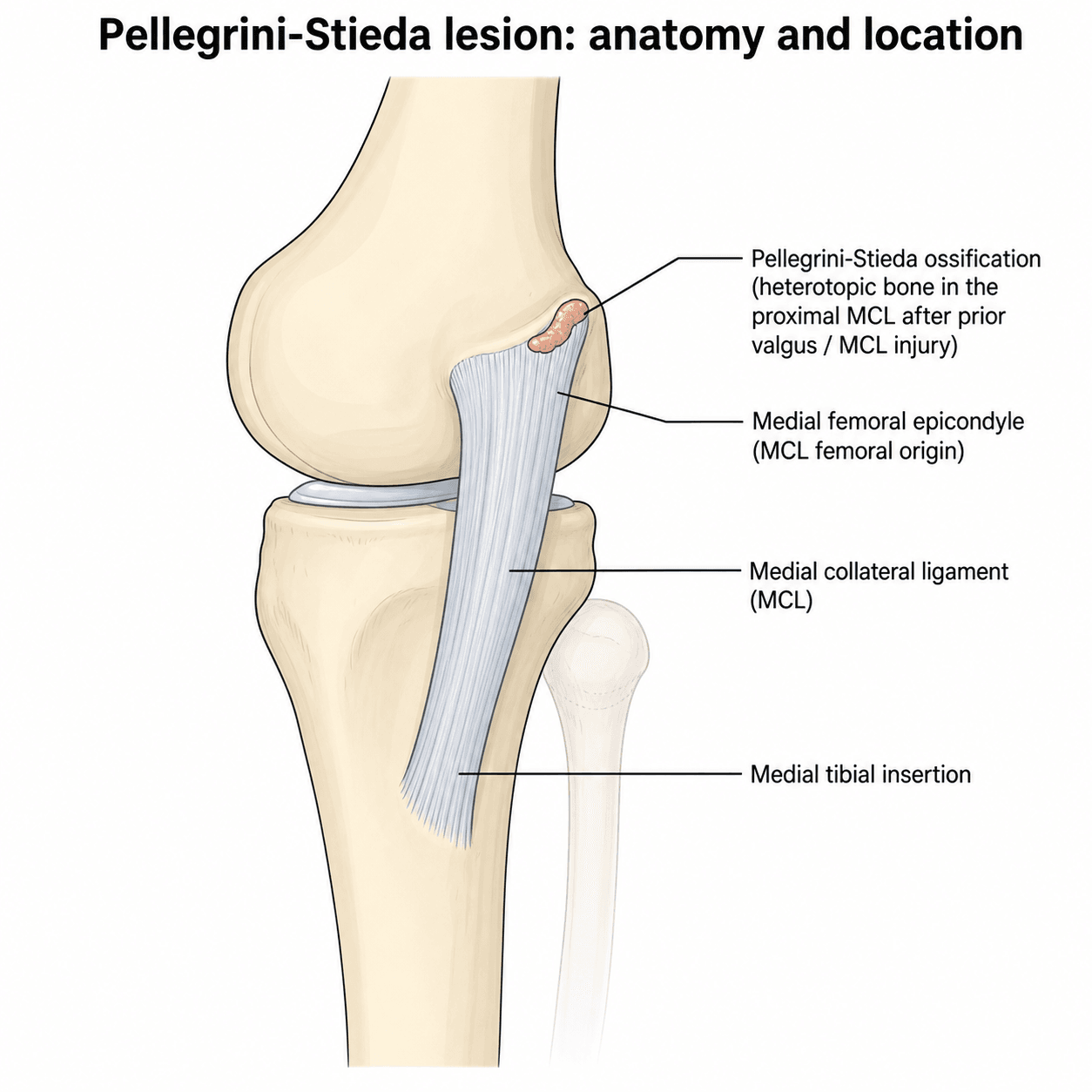 Labelled medial-knee schematic showing the MCL from the medial femoral epicondyle to the medial tibia, with a Pellegrini-Stieda ossification at the proximal MCL near the femoral attachment