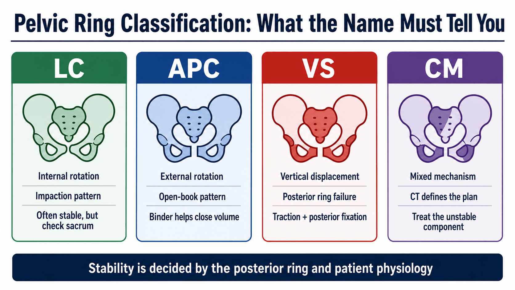 Pelvic ring classification logic infographic