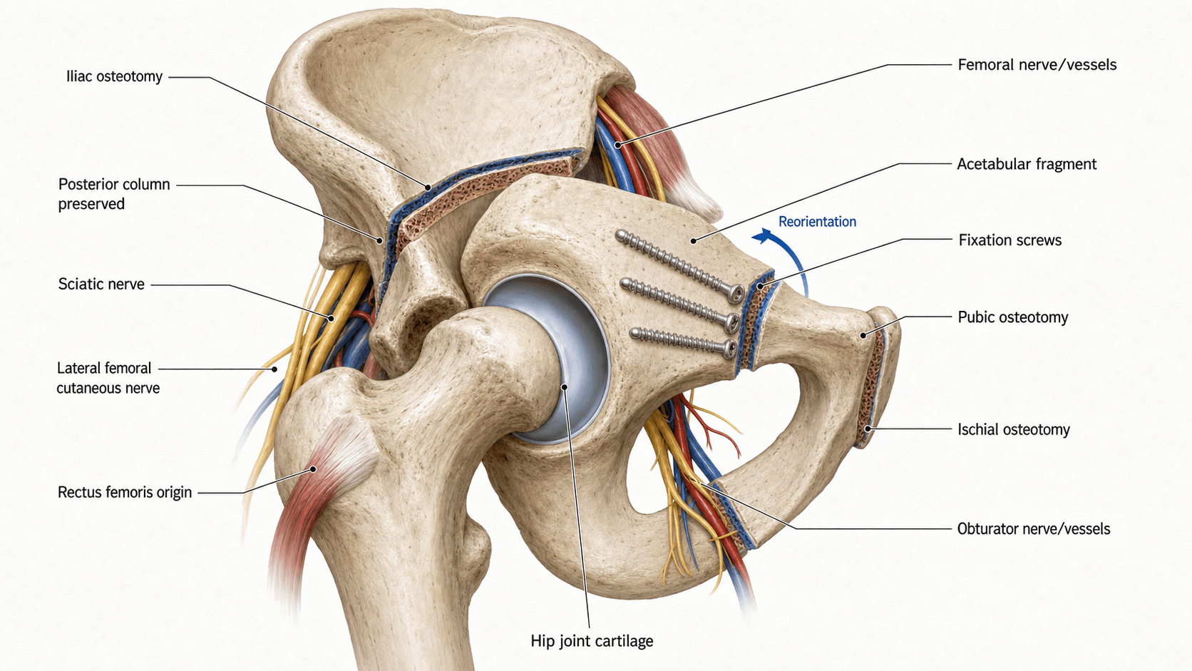 Labelled illustration of the Bernese PAO: reoriented acetabular fragment fixed with screws, the iliac, pubic and ischial osteotomies with the posterior column preserved, and the adjacent sciatic, lateral femoral cutaneous, femoral and obturator neurovascular structures.