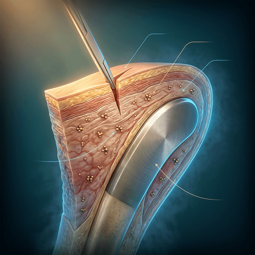 Illustration of a scalpel incising layered soft tissue beside a metal implant, with gold particles representing antibiotic distributed through the tissue around the implant