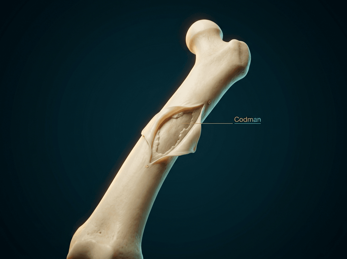 Cinematic illustration of a femur with periosteum lifted off the cortex and a triangular cuff of new bone remaining only at the still-tethered margin.