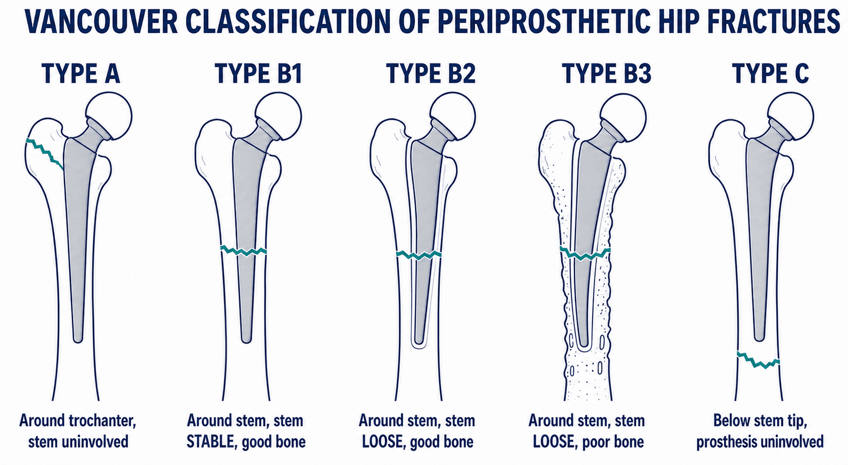 Schematic diagram of the Vancouver classification showing Type A, B1, B2, B3, and C periprosthetic hip fractures