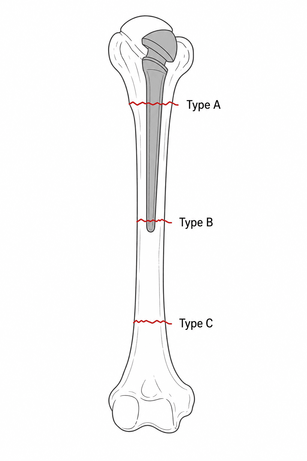 Diagram of a humeral arthroplasty stem with three periprosthetic fracture levels: Type A at the tip, Type B around the tip, Type C distal