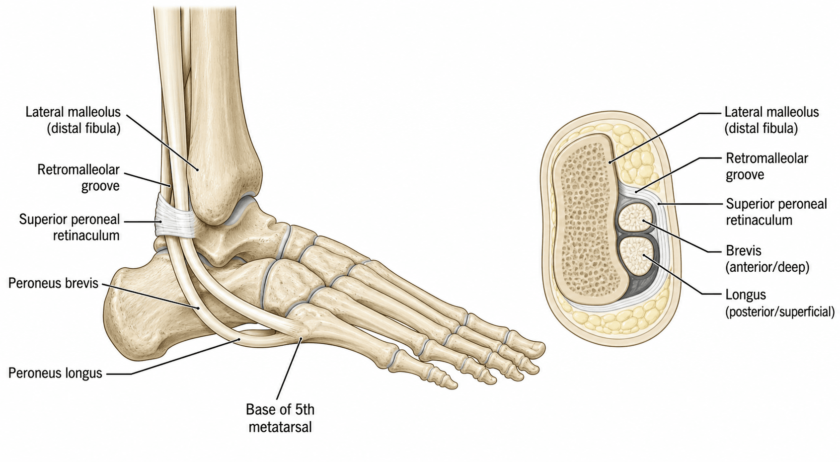Anatomy of the peroneal tendons at the ankle: lateral view and a cross-section at the retromalleolar groove