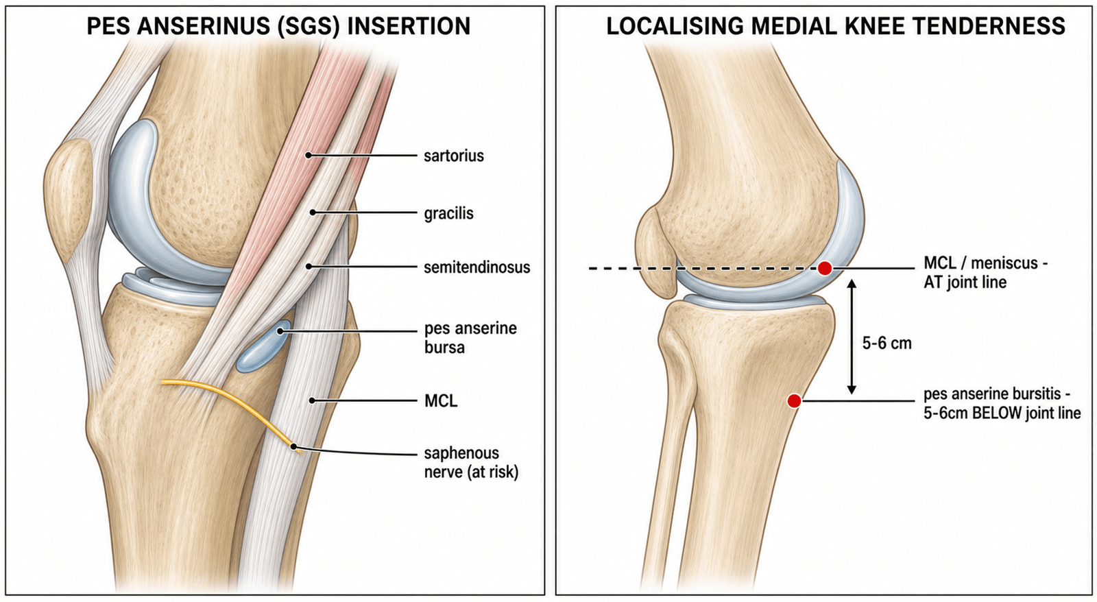 Anatomical schematic of the pes anserinus tendon insertion and a comparison diagram localising pes anserine bursitis tenderness below the joint line versus MCL/meniscal tenderness at the joint line