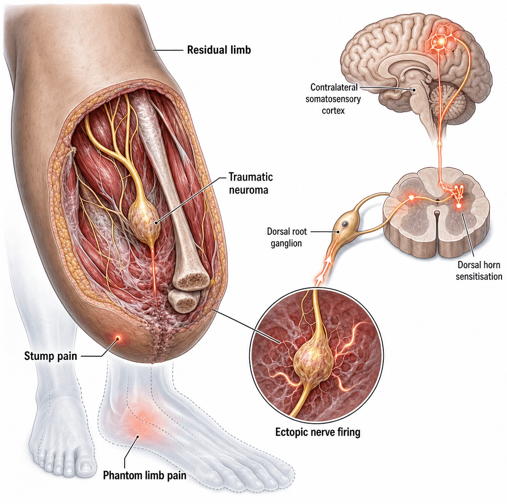 Diagram of phantom limb pain mechanisms: residual-limb traumatic neuroma with ectopic firing, ascending via the dorsal root ganglion to dorsal-horn central sensitisation and the contralateral somatosensory cortex