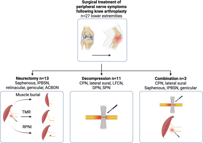 Algorithm for surgical management of peripheral nerve symptoms after knee arthroplasty branching into neurectomy with muscle burial or TMR or RPNI, decompression, and combined procedures with the nerves involved named