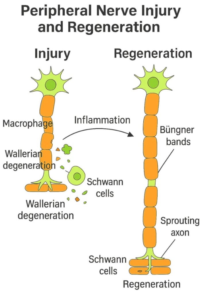Diagram contrasting Wallerian degeneration with macrophage clearance against axonal regeneration along Büngner bands formed by Schwann cells