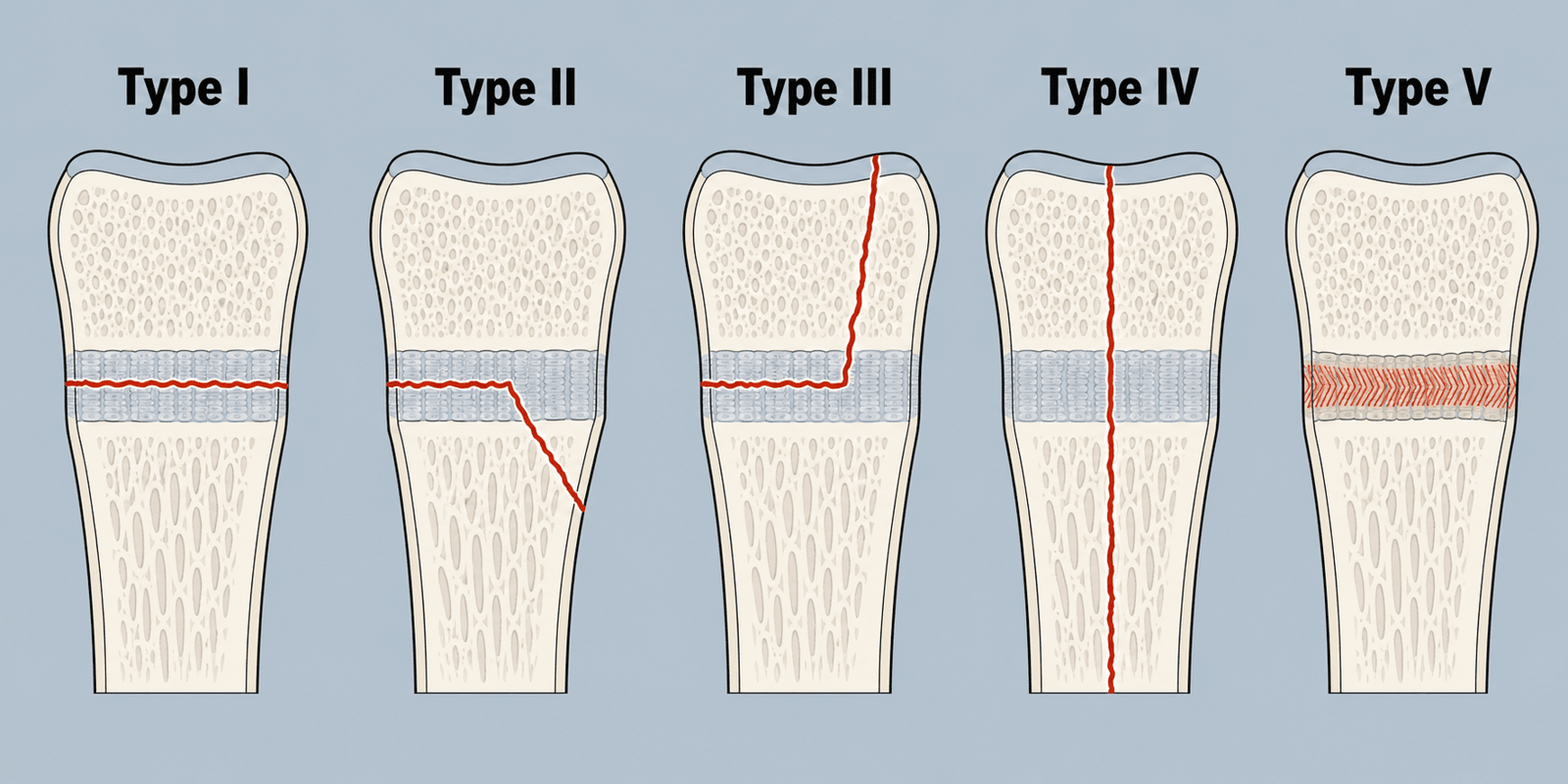 Schematic diagram of the five Salter-Harris fracture types through the growth plate