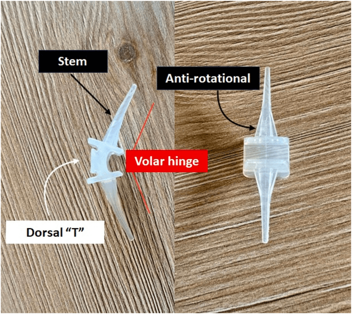 One-piece silicone PIP implant with labelled stem, volar hinge, dorsal T and anti-rotational feature