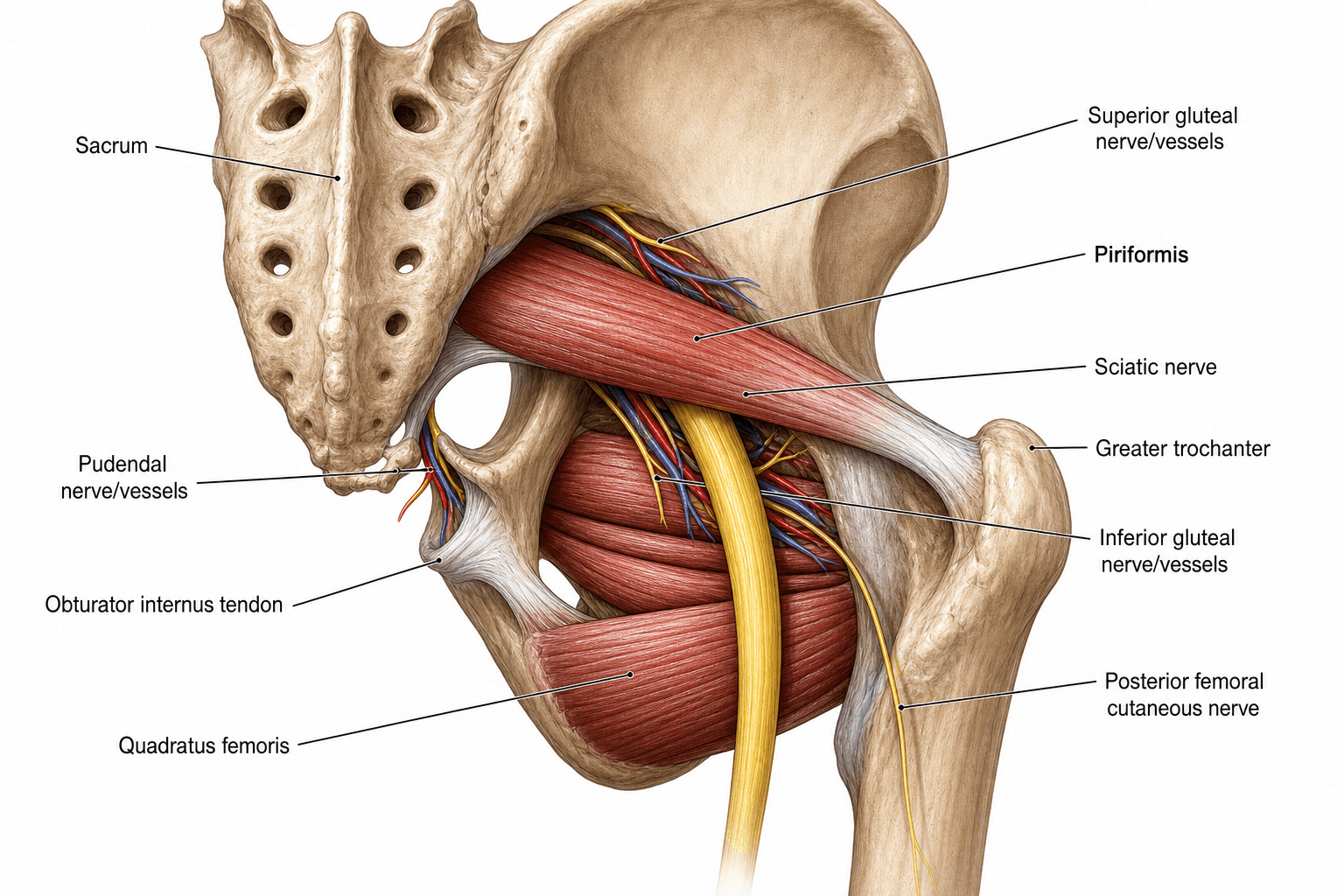 Labelled posterior gluteal anatomy diagram centred on the piriformis, showing the superior gluteal nerve/vessels exiting above the muscle and the sciatic nerve, inferior gluteal, pudendal and posterior femoral cutaneous nerves exiting below