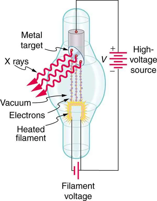 Annotated schematic of an X-ray tube showing cathode, anode, and beam generation