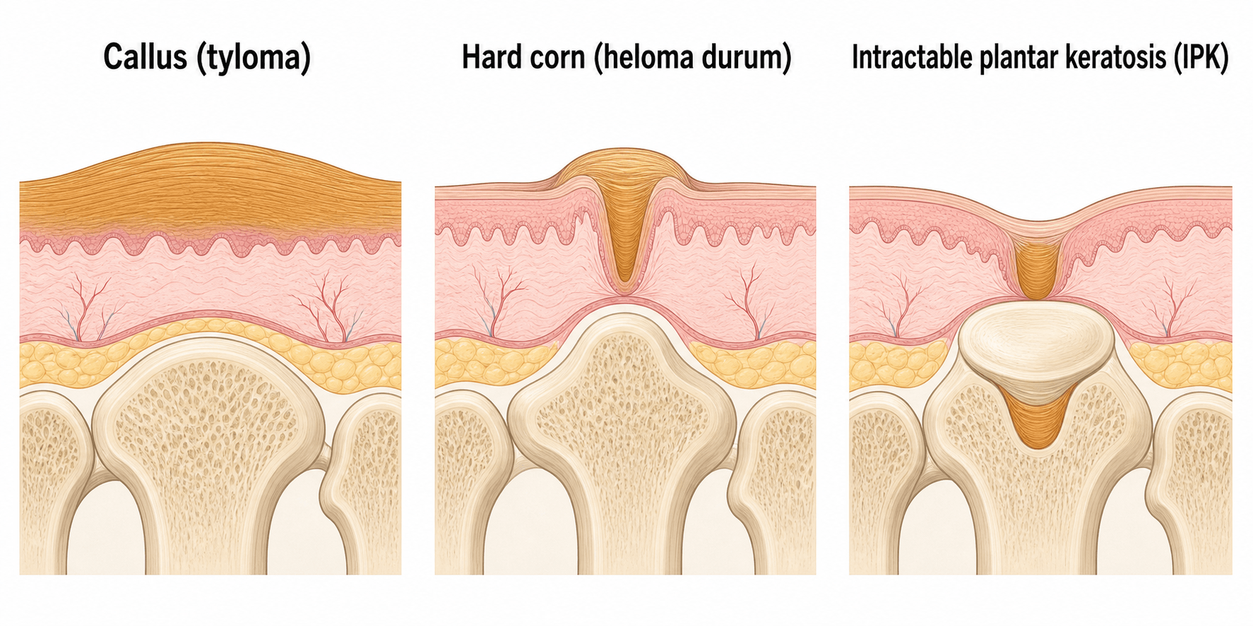 Cross-sectional comparison of a callus, a hard corn with a central core, and an intractable plantar keratosis under a metatarsal head