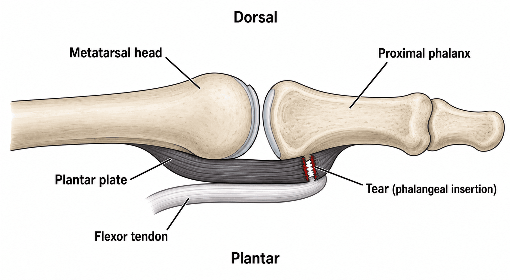 Sagittal anatomical schematic of a lesser MTP joint showing the plantar plate spanning the plantar side from the metatarsal neck to the proximal phalanx base, with a tear at the phalangeal insertion and the flexor tendon beneath.