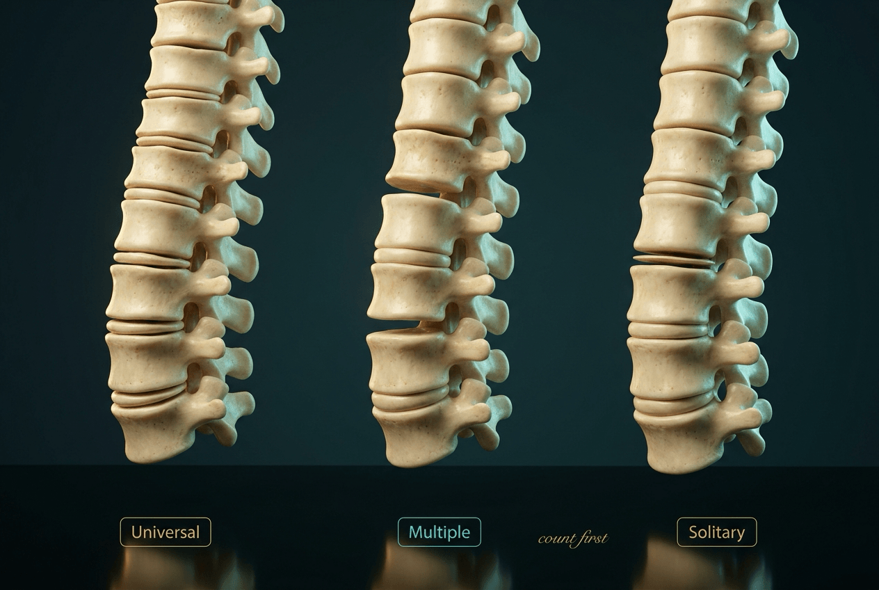 Three ivory spines labelled Universal, Multiple and Solitary — every body flattened, several non-contiguous, or a single wafer.