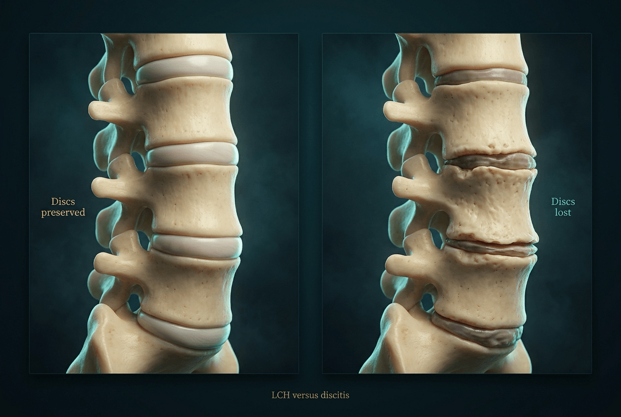 Two ivory spine segments: a wafer body with plump discs labelled Discs preserved, versus a collapsed body with destroyed discs labelled Discs lost.