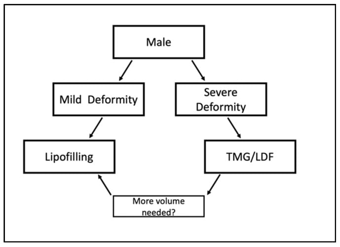Published reconstruction algorithm for male Poland syndrome stratified by mild versus severe chest deformity.