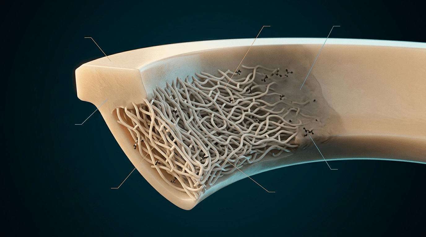 Cut-away illustration of a curved polyethylene bearing component showing entangled polymer chains, short bridges between chains and small dark molecular motifs, with unlabelled leader lines.