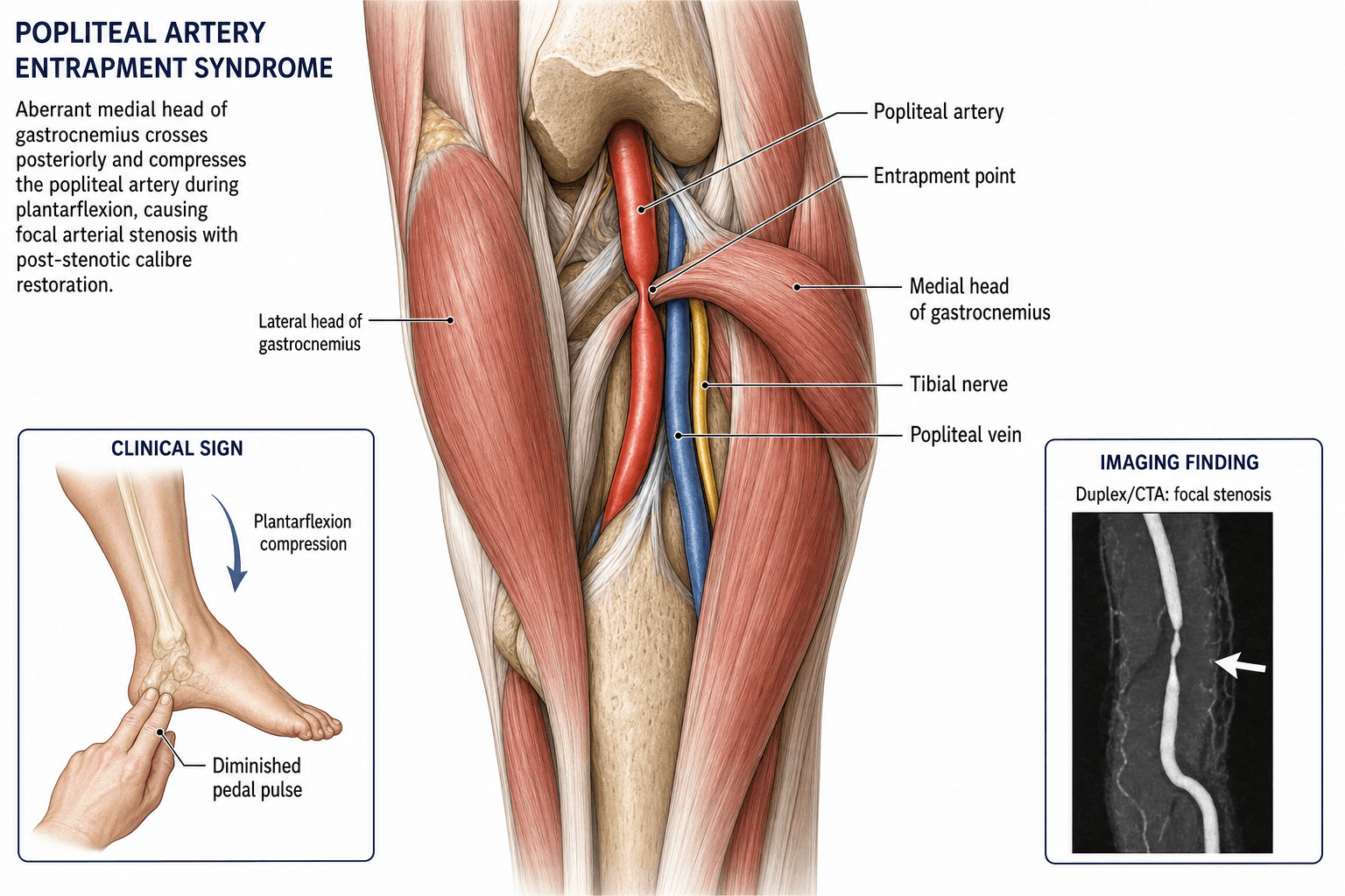 Posterior-knee anatomy diagram of popliteal artery entrapment showing an aberrant medial head of gastrocnemius compressing the popliteal artery