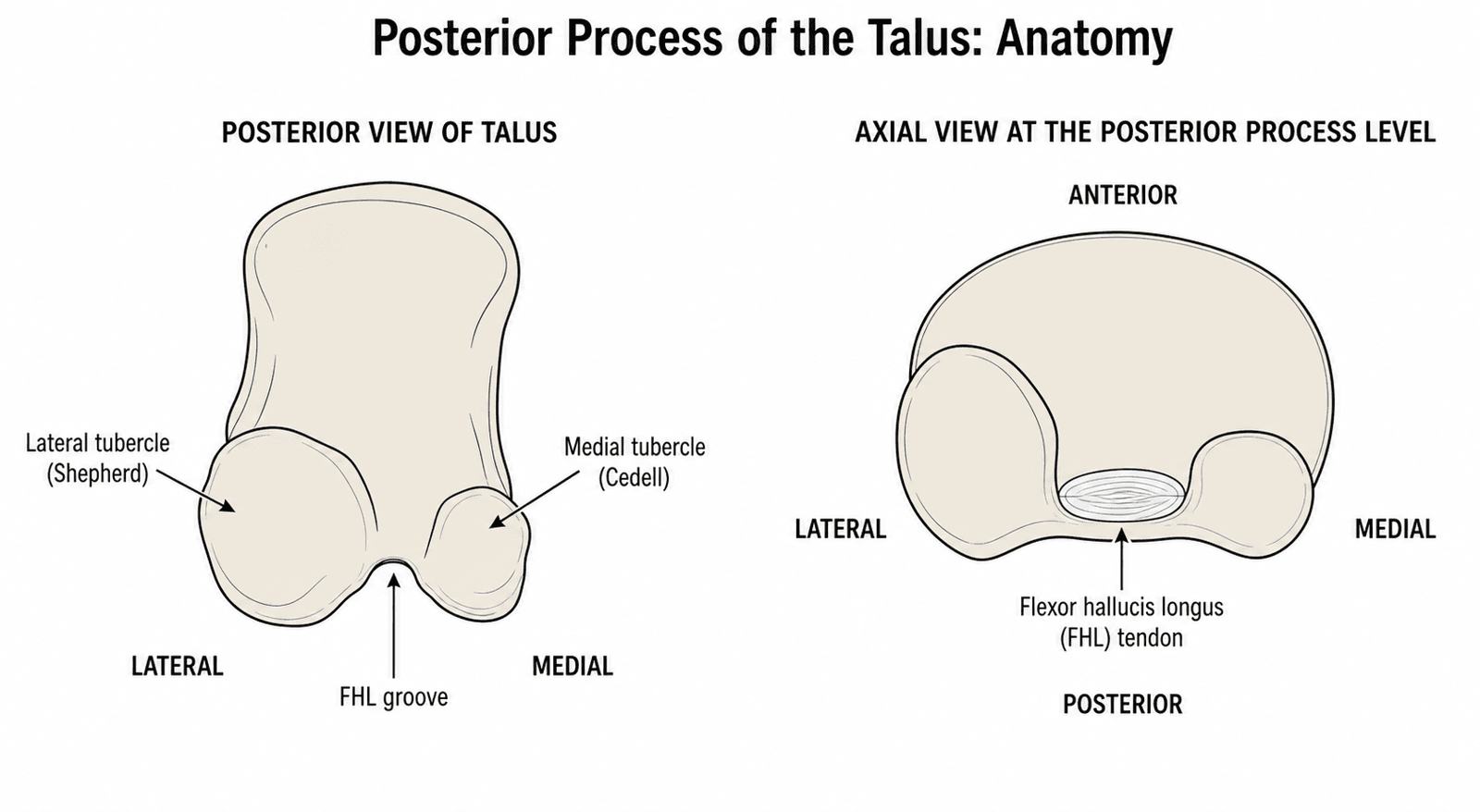 Posterior and axial schematic of the talus showing the lateral (Shepherd) and medial (Cedell) tubercles and the FHL groove