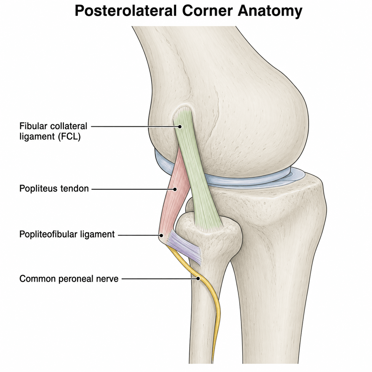 Lateral view of the knee labelling the posterolateral corner stabilisers: fibular collateral ligament, popliteus tendon, popliteofibular ligament, and the common peroneal nerve around the fibular neck.