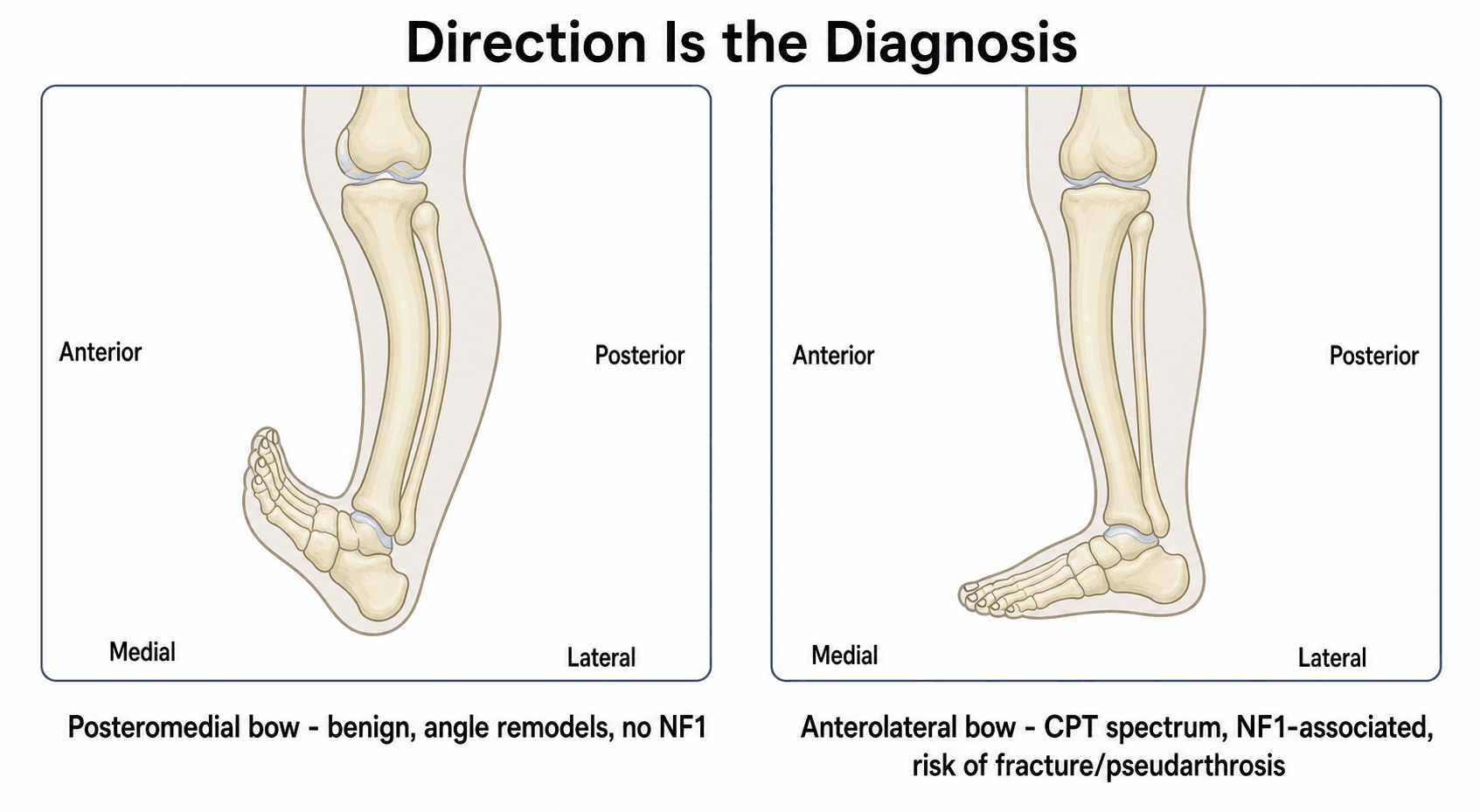 Schematic comparing the posteromedial bow direction with the calcaneovalgus foot against the anterolateral bow direction with a normal foot