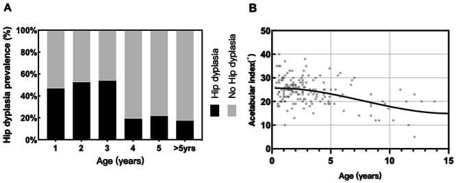 Hip-dysplasia prevalence and acetabular-index trends by age