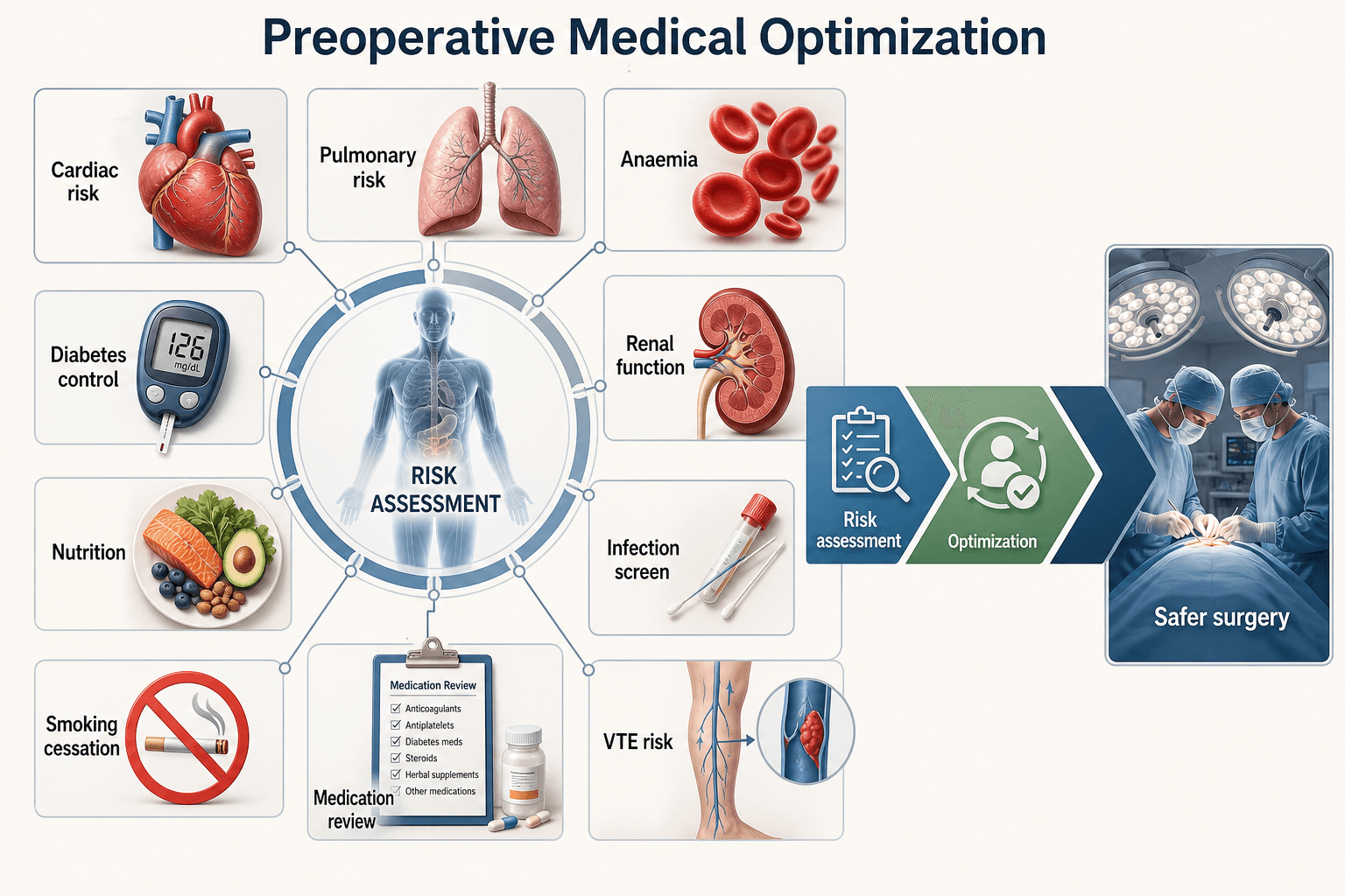 Diagram of preoperative medical optimization: a central risk assessment hub linked to cardiac, pulmonary, anaemia, renal, diabetes, nutrition, smoking, medication, infection and VTE domains, leading to optimization and safer surgery