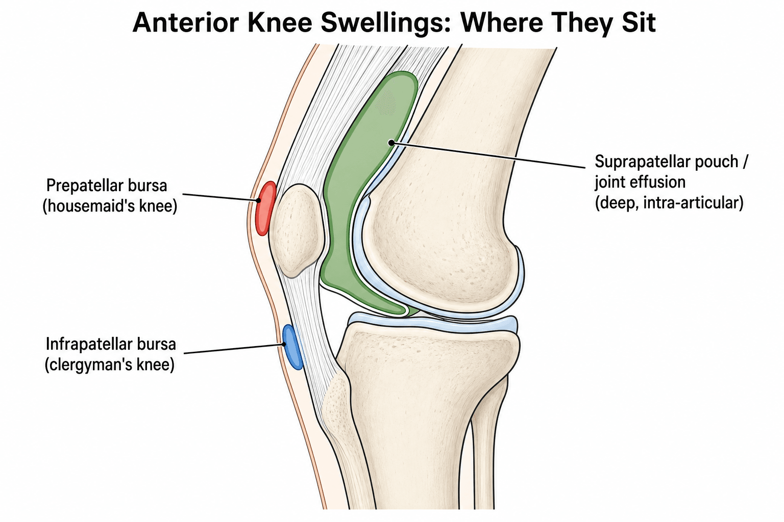 Lateral cross-section diagram of the knee showing the prepatellar bursa in front of the patella, the infrapatellar bursa over the patellar tendon, and the deep suprapatellar pouch/joint effusion
