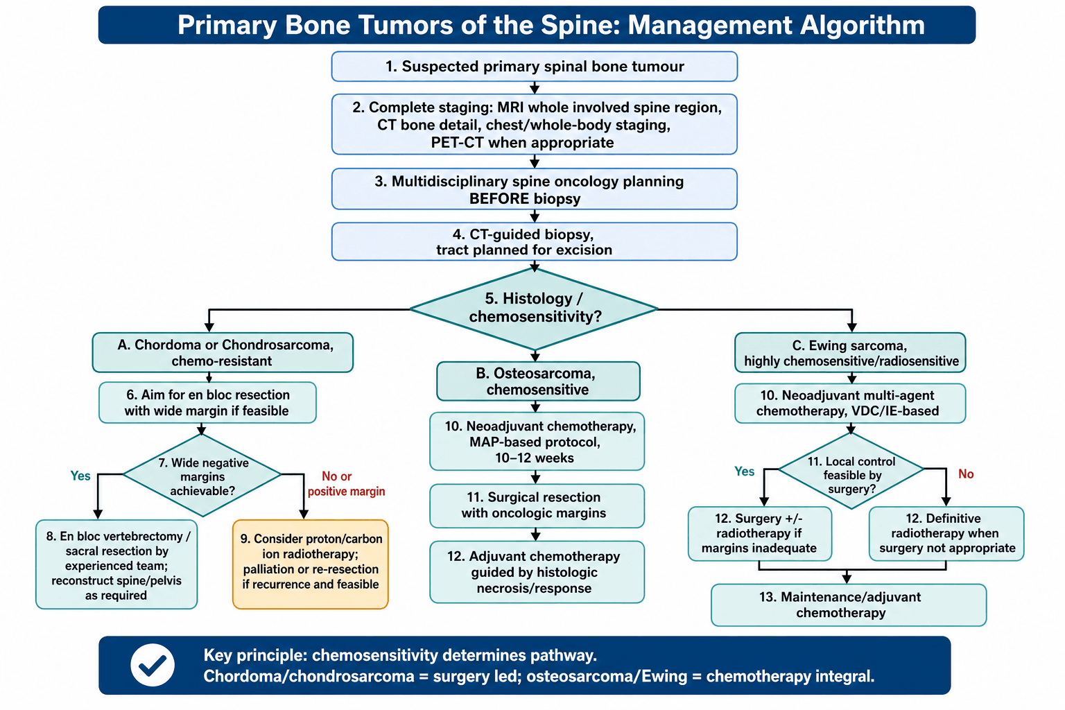 Flowchart for managing a primary malignant bone tumour of the spine, branching by tumour type and chemosensitivity