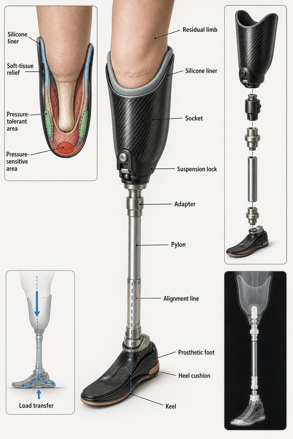 Labelled diagram of a transtibial endoskeletal prosthesis showing socket, liner, suspension lock, pylon, alignment line and foot, with a socket-interface inset and a modular exploded view