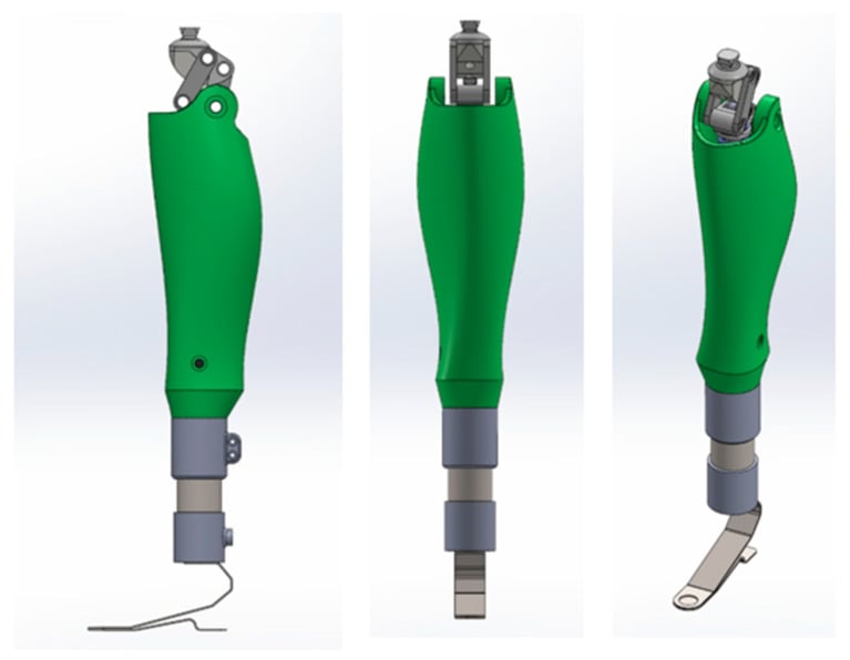 Side, front and oblique CAD views of a modular powered prosthetic knee assembly