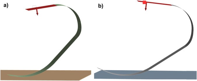 Two computer models of a curved running prosthetic blade loaded from above against a ground surface