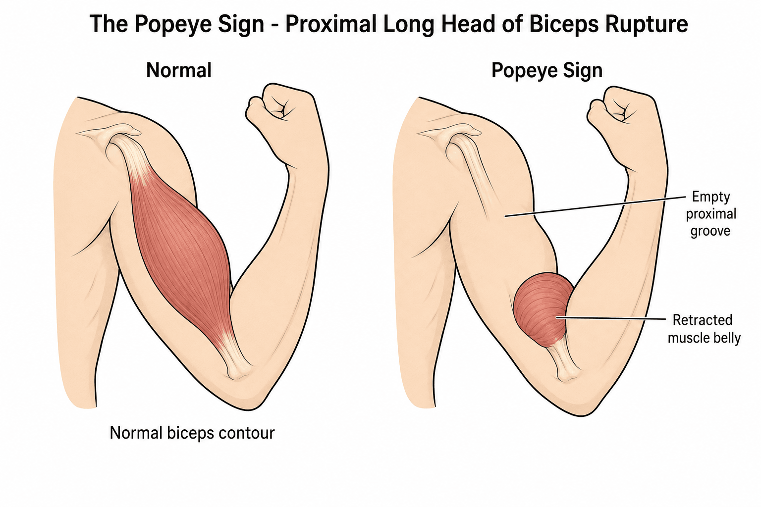 Illustration comparing a normal biceps contour with the Popeye sign of proximal long head of biceps rupture, showing the retracted muscle belly and empty proximal groove.