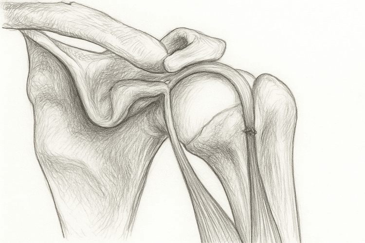 Unlabelled pencil drawing of the shoulder with the long head biceps tendon arching over the humeral head and a frayed break in the tendon where it runs down the humerus