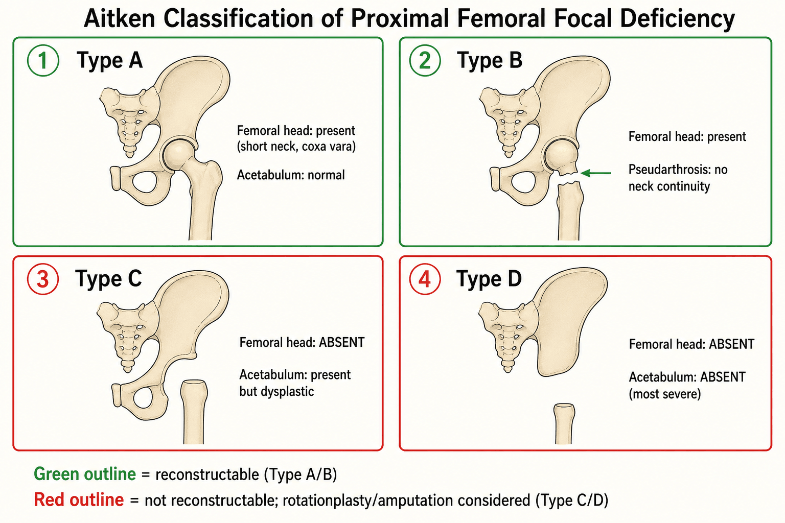 Schematic diagram of the four Aitken classification types of proximal femoral focal deficiency