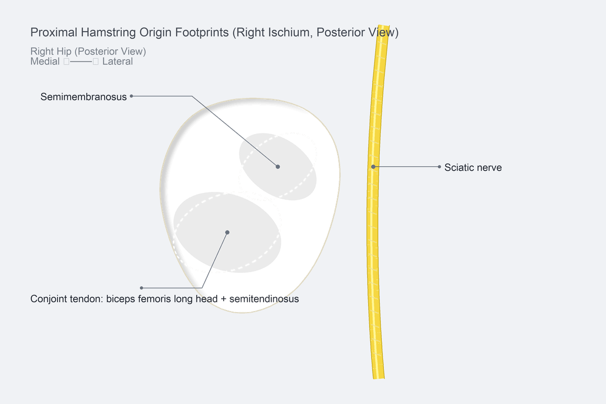 Schematic of the ischial tuberosity hamstring origin: separate conjoint (biceps femoris long head plus semitendinosus) and semimembranosus footprints, with the sciatic nerve passing laterally.