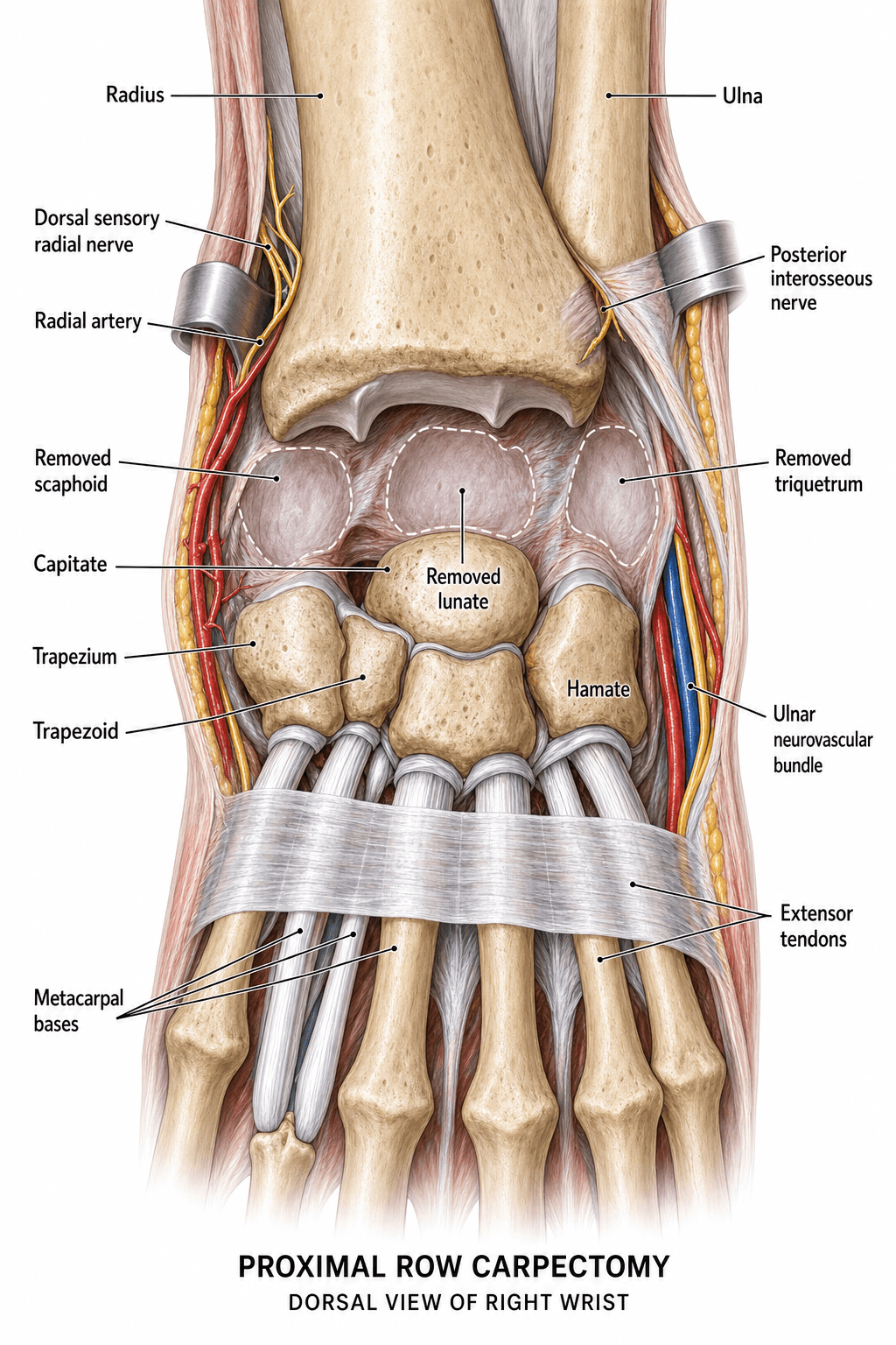 Dorsal-view anatomical diagram of the right wrist showing the proximal carpal row marked for removal in PRC