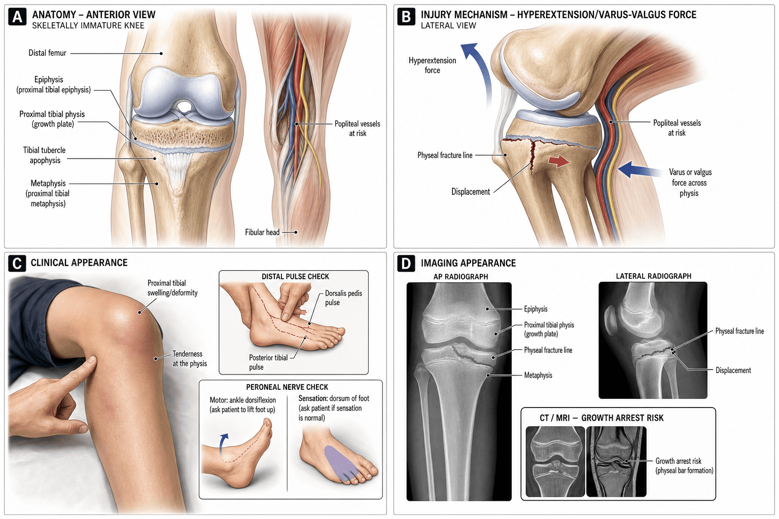 Four-panel diagram of proximal tibial physeal injury anatomy, mechanism, clinical exam and imaging