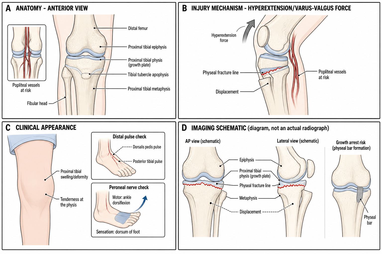 Four-panel diagram of proximal tibial physeal injury anatomy, mechanism, clinical exam and imaging