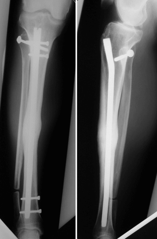Postoperative AP and lateral tibial radiographs showing a screw across the proximal tibiofibular joint and a locked intramedullary nail in the tibia.